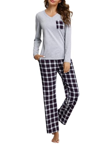 iClosam Schlafanzug Damen Lang Pyjama Set Winter Baumwolle V-Ausschnitt Zweiteiliger Nachtwäsche Langarm Sleepwear und Karierte Pyjamahose Loungewear Freizeitanzug von iClosam