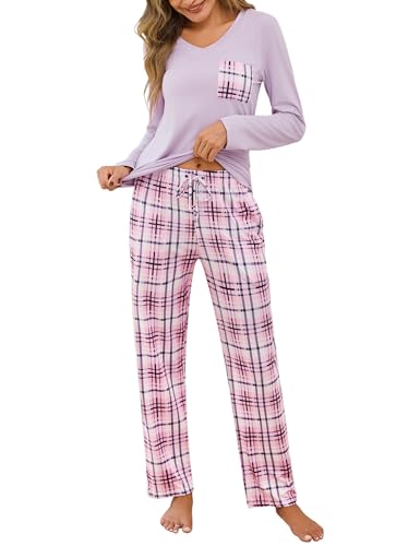 iClosam Schlafanzug Damen Langärmliger Pyjama Baumwolle Zweiteiliger Schlafanzüge Set Nachtwäsche V-Ausschnitt Nachthemd mit Lang Pyjamahose Karierte für Winter von iClosam