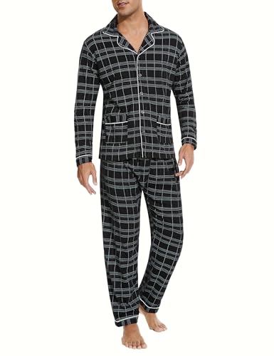 iClosam Pyjama Herren Lang Schlafanzug Winter Baumwolle Herrenschlafanzug Langarm Kariert Männer Loungewear Nachtwäsche Herren V-Ausschnitt Pijama Man Winter mit Knopfleiste M von iClosam