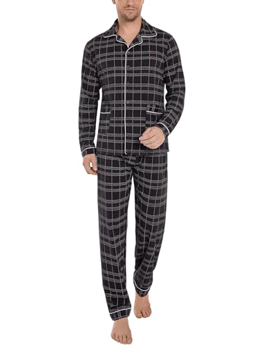 iClosam Pyjama Herren Lang Schlafanzug Winter Baumwolle Herrenschlafanzug Langarm Kariert Männer Loungewear Nachtwäsche Herren V-Ausschnitt Pijama Man Winter mit Knopfleiste M von iClosam