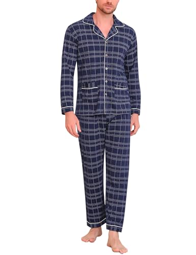 iClosam Schlafanzug Herren Lang Pyjamas Set Baumwolle Schlafanzüge Männer Zweiteiliger mit Knöpfen Langarm Kariert Nachtwäsche Herren V-Ausschnitt Men Loungewear Winter M von iClosam