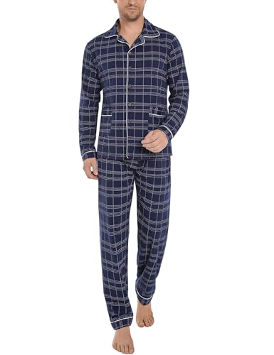 iClosam Schlafanzug Herren Lang Pyjamas Langarm Baumwolle Schlafanzüge Männer Zweiteiliger mit Knöpfen Kariert Nachtwäsche Set mit Langarmshirt und Pyjamahose für Winter von iClosam