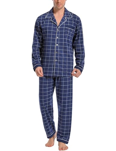 iClosam Schlafanzug Herren Lang Baumwolle Kariert Pyjamas Set Langarm Schlafanzüge Männer Zweiteiliger mit Knöpfen Nachtwäsche Herren V-Ausschnitt Loungewear Winter L von iClosam