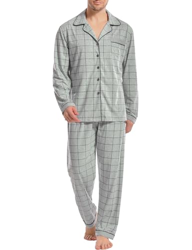 iClosam Schlafanzug Herren Lang Baumwolle Kariert Pyjamas Set Langarm Schlafanzüge Männer Zweiteiliger mit Knöpfen Nachtwäsche Herren V-Ausschnitt Loungewear Winter M von iClosam