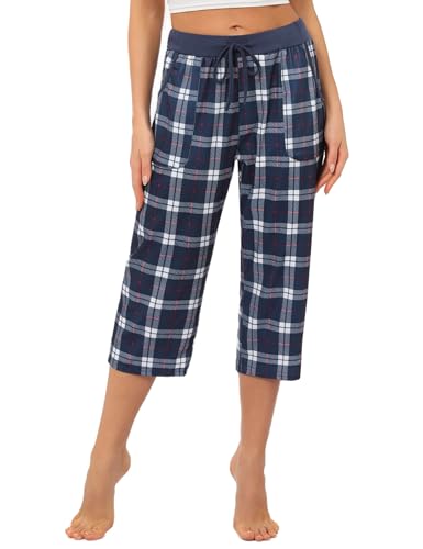 iClosam Schlafanzughose Damen 3/4 Lang Pyjamahose Kariert Baumwolle Nachtwäsche Hose für Frauen Freizeithose Karierte Loungehose Schlafhose mit Taschen und Kordelzug S-XXL von iClosam