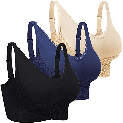 iClosam Sport BH Damen Ohne Bügel Bustier Spitzen für Frauen Bra Mit Polstern Atmungsaktiv Bügelloser BH Front Closure Push Up Bequem Bustiers BH Gepolstert L-3XL von iClosam