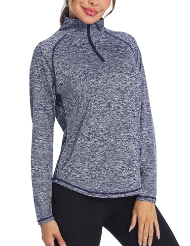 iClosam Sport Langarmshirt Damen Schnelltrocknend Sportshirt Langarm Damen 1/4 Reißverschluss Sport Oberteile Damen Longsleeve Stehkragen Funktionsshirt Skipullover Damen Navy blau-L von iClosam