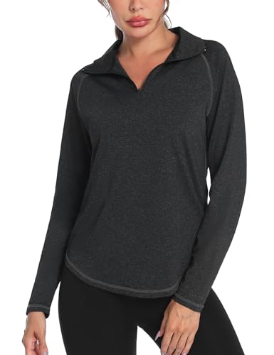 iClosam Sport Langarmshirt Damen Schnelltrocknend Sportshirt Langarm Damen 1/4 Reißverschluss Sport Oberteile Damen Longsleeve Stehkragen Funktionsshirt Skipullover Damen Schwarz-L von iClosam