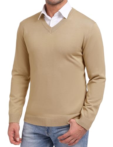iClosam Herrenpullover mit V Ausschnitt Strickpullover Herren Langarm Winter Pullover Slim Fit Khaki S von iClosam