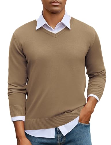 iClosam V Ausschnitt Herren Strickpullover Baumwollpullover Winter Pullover Langarm Pulli Regular Fit Männer Sweater für Büro Casual,Maschinenwaschbar,Aprikose,XL von iClosam