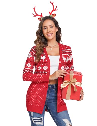 iClosam Weihnachten Cardigan Damen Langarm Strickjacke Weihnacht V Ausschnitt Rentiermuster Weihnachtsjacke mit Knopf Lang Strickpullover mit Knopf mit Schneeflockenmuster von iClosam