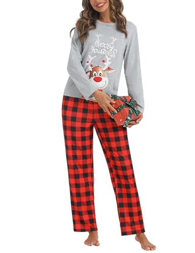 iClosam Weihnachts Schlafanzug Damen Weihnachten Pyjama Lang Baumwolle Christmas Pyjamas Set für Frauen Langarm Nachtwäsche Karierte S-XXL von iClosam