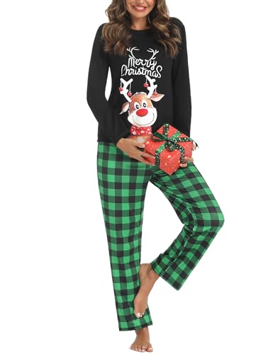 iClosam Weihnachts Schlafanzug Damen Weihnachten Pyjama Lang Baumwolle Christmas Pyjamas Set für Frauen Langarm Nachtwäsche Karierte S-XXL von iClosam
