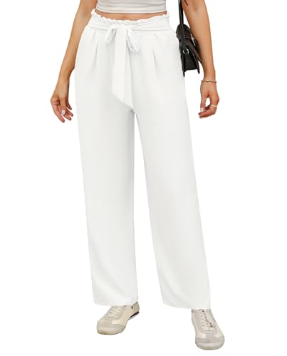 iClosam Palazzo Hose Damen Sommer Leicht Weite Hose mit Geradem Bein Sommerhose Kordelzug Freizeithose Einfarbig Lockere Hosen mit Taschen Lockere Bequeme Stoffhose Weiß M von iClosam