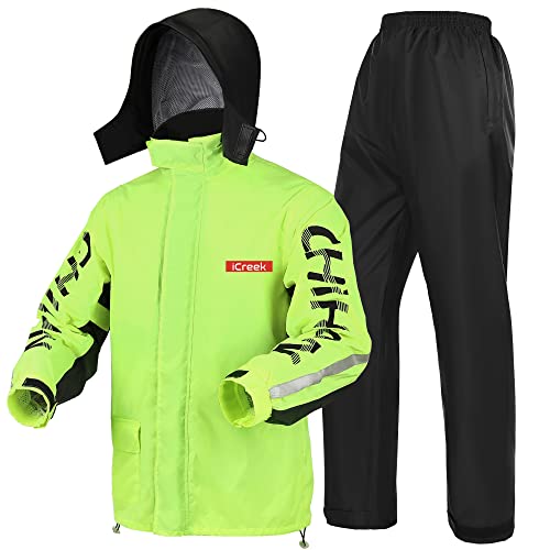 iCreek Motorrad-Regenanzug für Damen und Herren, wasserdicht, regenfest, Regenmantel, Outdoor-Mode mit Kapuze, Grün / Schwarz, Medium von iCreek