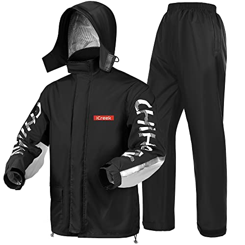 iCreek Motorrad-Regenanzug für Damen und Herren, wasserdicht, regenfest, Regenmantel, Outdoor-Mode mit Kapuze, schwarz und grau, Medium von iCreek