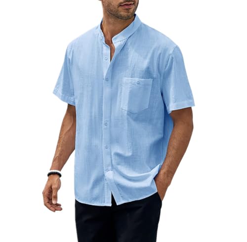 iDrelify Leinenhemd Herren Hemd Kurzarm Leinenshirt Freizeithemd Business Hemd Sommer Casual Regular Fit Shirt Stehkragen von iDrelify