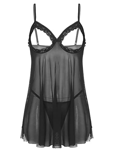 iEFiEL Damen Kleider Babydoll Brusftrei Lingerie Mesh Nachtkleid Nachtwäsche Dessous Set Sleepwear Dress Reizwäsche Negligee mit G-String Schwarz 4XL von iEFiEL