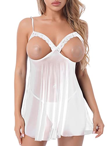 iEFiEL Damen Kleider Babydoll Brusftrei Lingerie Mesh Nachtkleid Nachtwäsche Dessous Set Sleepwear Dress Reizwäsche Negligee mit G-String Weiß L von iEFiEL