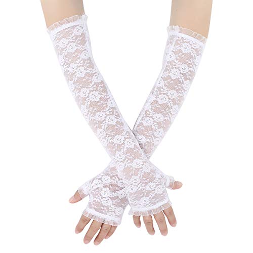 iEFiEL 1 Paar Damen Lang Spitze Handschuhe mit Blumen Elegant Fingerlose Handschuhe Armstulpen Hochzeit Handschuhe Handstulpen Zubehör Weiß One Size von iEFiEL