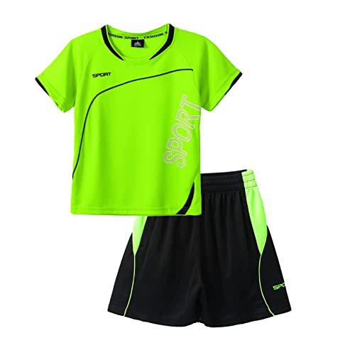 iEFiEL 2-Teiliger Kinder Jungen Fussball Sport Outfits Trainingsanzug kurz Sportanzug Kurzarm T-Shirt und Kurze Hosen Sommer Set A Fluorescent Green 122-128 von iEFiEL