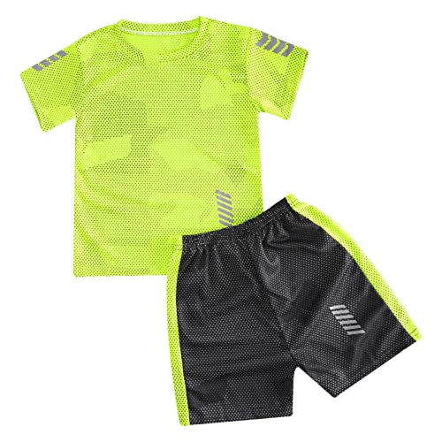 iEFiEL 2-Teiliger Kinder Jungen Fussball Sport Outfits Trainingsanzug kurz Sportanzug Kurzarm T-Shirt und Kurze Hosen Sommer Set Za Fluoreszierendes Grün 146-152 von iEFiEL