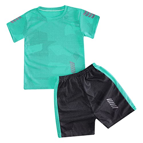 iEFiEL 2-Teiliger Kinder Jungen Fussball Sport Outfits Trainingsanzug kurz Sportanzug Kurzarm T-Shirt und Kurze Hosen Sommer Set Za Grün 104-110 von iEFiEL