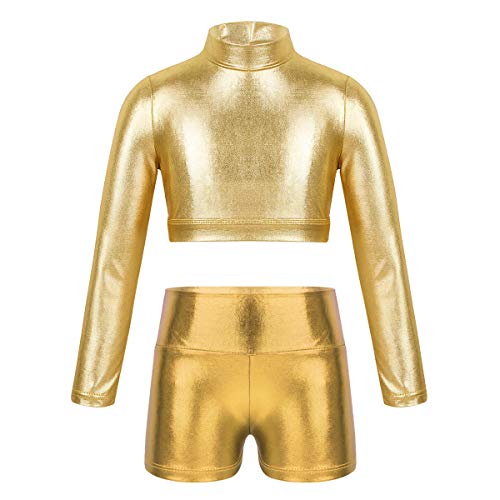 iEFiEL 2-teilig Mädchen Kleidung Set Metallic Crop Top Langarm Shirt mit High-Waist Shorts Fitness Trainingsanzug Gym Yoga Tanzen Kostüm Gold 134-140 von iEFiEL