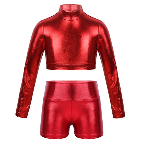 iEFiEL 2-teilig Mädchen Kleidung Set Metallic Crop Top Langarm Shirt mit High-Waist Shorts Fitness Trainingsanzug Gym Yoga Tanzen Kostüm Rot 122-128 von iEFiEL