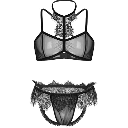 iEFiEL 2PCS Herren Sissy Dessous Sets Transparent Lingerie Neckholder BH + String Jockstrap mit Spitze Rüschen Unterwäsche Reizwäsche Schwarz XXL von iEFiEL