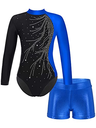 iEFiEL 2PCS Mädchen Glitzer Turnanzug Leotard mit Strasssteine Gymnastik Anzug Langarm Ballett Trikot Kleidung Tanzkostüm Set Ue Blau 122-128 von iEFiEL