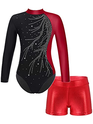 iEFiEL 2PCS Mädchen Glitzer Turnanzug Leotard mit Strasssteine Gymnastik Anzug Langarm Ballett Trikot Kleidung Tanzkostüm Set Ue Rot 134-140 von iEFiEL