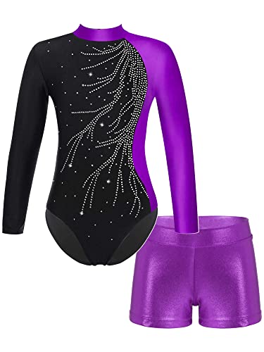 iEFiEL 2PCS Mädchen Glitzer Turnanzug Leotard mit Strasssteine Gymnastik Anzug Langarm Ballett Trikot Kleidung Tanzkostüm Set Ue Violett 146-152 von iEFiEL