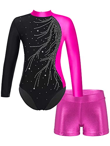 iEFiEL 2PCS Mädchen Glitzer Turnanzug Leotard mit Strasssteine Gymnastik Anzug Langarm Ballett Trikot Kleidung Tanzkostüm Set Ue Rose 146-152 von iEFiEL