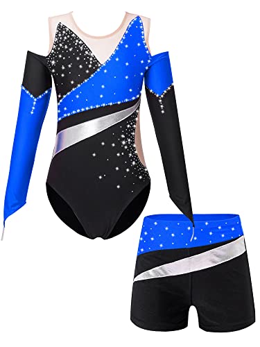 iEFiEL Mädchen Glitzer Turnanzug Mit Strass Leotard Gymnastikanzug Langarm Ballett Trikotanzug Tanzkostüm Set Sportlich Shorts Kruz Blau 110-116 von iEFiEL