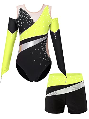 iEFiEL Mädchen Glitzer Turnanzug Mit Strass Leotard Gymnastikanzug Langarm Ballett Trikotanzug Tanzkostüm Set Sportlich Shorts Kruz Gelb 122-128 von iEFiEL