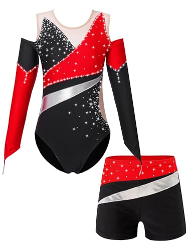 iEFiEL Mädchen Glitzer Turnanzug Mit Strass Leotard Gymnastikanzug Langarm Ballett Trikotanzug Tanzkostüm Set Sportlich Shorts Kruz Rot 146-152 von iEFiEL