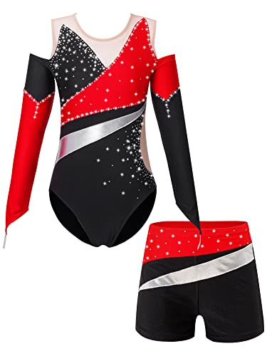 iEFiEL Mädchen Glitzer Turnanzug Mit Strass Leotard Gymnastikanzug Langarm Ballett Trikotanzug Tanzkostüm Set Sportlich Shorts Kruz Rot 158-164 von iEFiEL