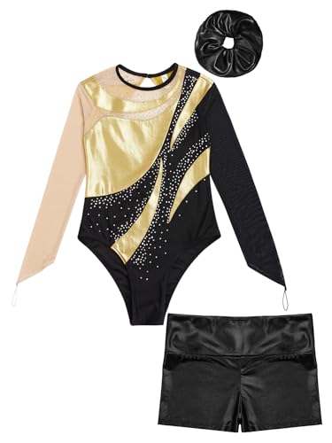 iEFiEL 2PCS Mädchen Glitzer Turnanzug Leotard mit Strasssteine Gymnastik Anzug Langarm Ballett Trikot Kleidung Tanzkostüm Set Za Gold + Schwarz mit Haarband 134-140 von iEFiEL