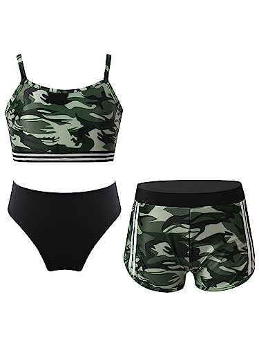 iEFiEL 3 Stück Mädchen Bikini Sets mit Blumendruck Badeanzug Rückenfrei Top Bikinihose Shorts Hawaii Bademode Badebekleidung gr. 98-176 Xd Grün + Schwarz 134-140 von iEFiEL