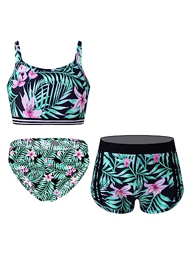 iEFiEL 3 Stück Mädchen Bikini Sets mit Blumendruck Badeanzug Rückenfrei Top Bikinihose Shorts Hawaii Bademode Badebekleidung gr. 98-176 Xd Lilie 146-152 von iEFiEL