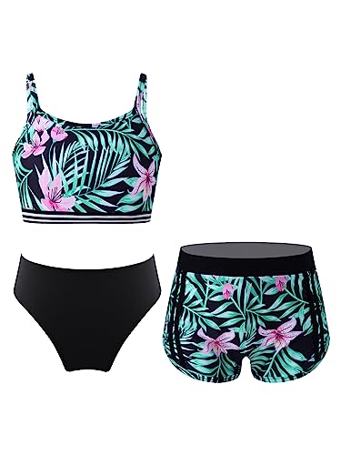 iEFiEL 3 Stück Mädchen Bikini Sets mit Blumendruck Badeanzug Rückenfrei Top Bikinihose Shorts Hawaii Bademode Badebekleidung gr. 98-176 Xd Schwarz + Lilie 122-128 von iEFiEL