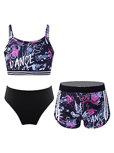 iEFiEL 3 Stück Mädchen Bikini Sets mit Blumendruck Badeanzug Rückenfrei Top Bikinihose Shorts Hawaii Bademode Badebekleidung gr. 98-176 Xd Schwarz 122-128 von iEFiEL