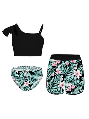 iEFiEL 3 Stück Mädchen Bikini Sets mit Blumendruck Badeanzug Rückenfrei Top Bikinihose Shorts Hawaii Bademode Badebekleidung gr. 98-176 Xe Schwarz-Grüne Blume A 170 von iEFiEL