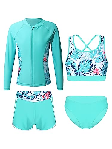 iEFiEL 3 Stück Mädchen Bikini Sets mit Blumendruck Badeanzug Rückenfrei Top Bikinihose Shorts Hawaii Bademode Badebekleidung gr. 98-176 Zb Hellgrün 122-128 von iEFiEL