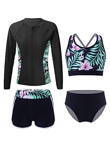 iEFiEL 3 Stück Mädchen Bikini Sets mit Blumendruck Badeanzug Rückenfrei Top Bikinihose Shorts Hawaii Bademode Badebekleidung gr. 98-176 Zb Schwarz 122-128 von iEFiEL