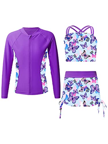 iEFiEL 3 Stück Mädchen Bikini Sets mit Blumendruck Badeanzug Rückenfrei Top Bikinihose Shorts Hawaii Bademode Badebekleidung gr. 98-176 Zd Violett 122-128 von iEFiEL