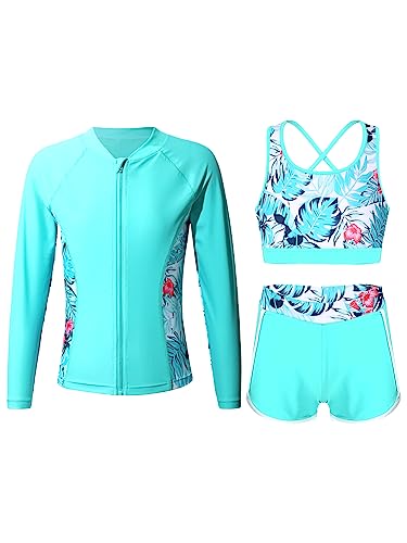 iEFiEL 3 Stück Mädchen Bikini Sets mit Blumendruck Badeanzug Rückenfrei Top Bikinihose Shorts Hawaii Bademode Badebekleidung gr. 98-176 Ze Grün Reißverschluss 146-152 von iEFiEL