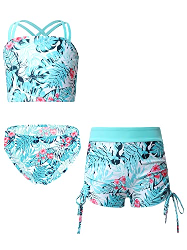 iEFiEL 3er Set Mädchen Bikini mit Blumendruck Badeanzug Rückenfrei Top und Bikinihose Kurz Shorts Hawaii Bademode Badebekleidung gr. 98-176 Xb Blatt 158-164 von iEFiEL