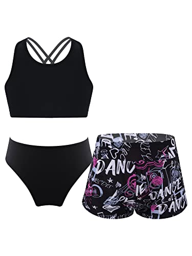 iEFiEL 3er Set Mädchen Bikini mit Blumendruck Badeanzug Rückenfrei Top und Bikinihose Kurz Shorts Hawaii Bademode Badebekleidung gr. 98-176 Schwarz Graffiti 122-128 von iEFiEL